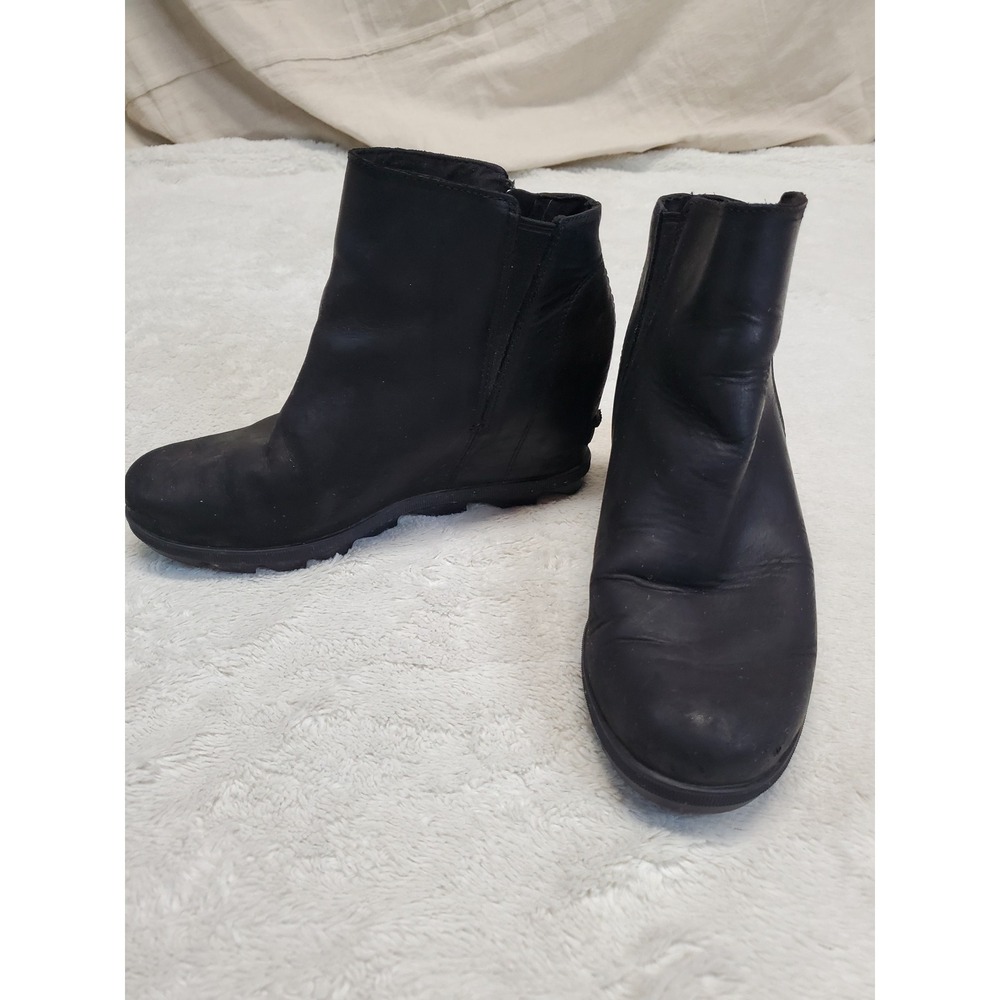Sorel Black Leather Joan of Arctic Grunge Whimsigoth Zip Wedge Ankle Boots 10